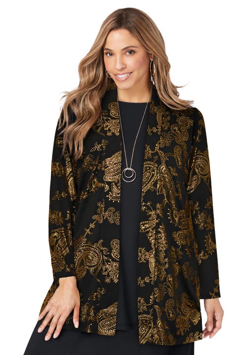 Jessica London Stretch Knit Open Front Knit Topper In Black