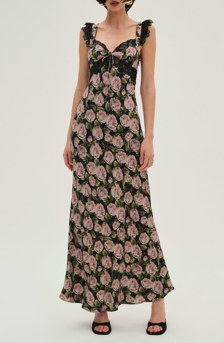 For Love & Lemons Fallen Rose Print Maxi Dress, Main, color, Black