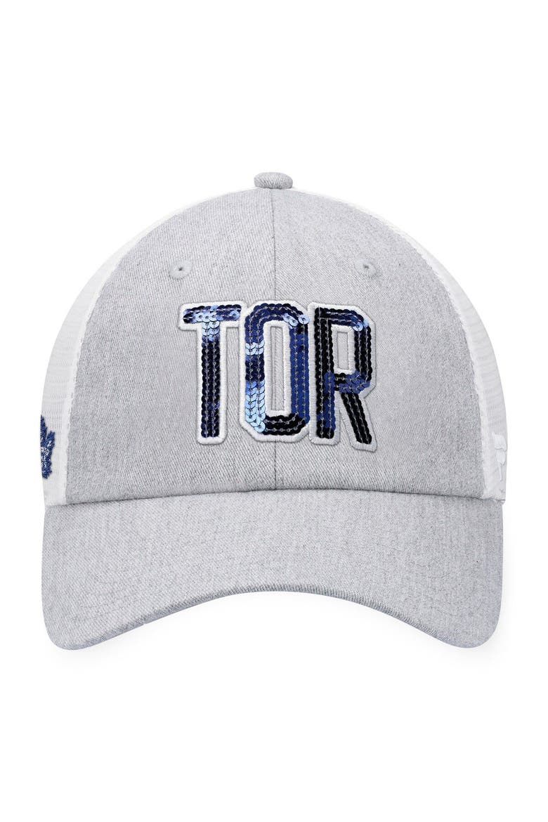 Women's  Fanatics Branded Heather Gray/White Toronto Maple Leafs Iconic Glimmer Trucker Snapback Hat, Alternate, color, Heather Gray