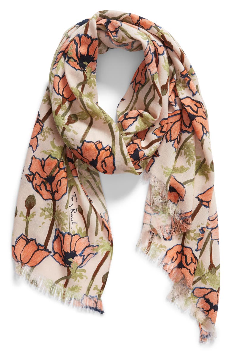 Tory Burch Poppies Bloom Wool & Silk Scarf, Alternate, color, 