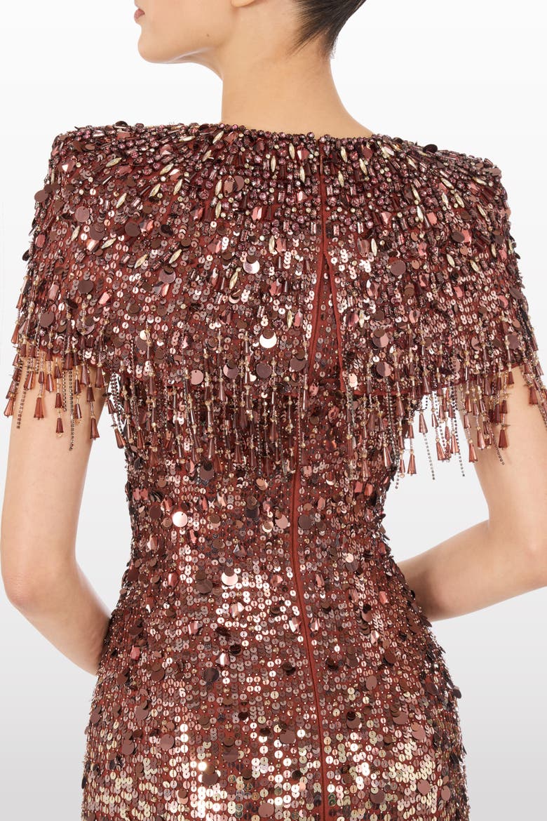 Eugenie Sequin Fringed Maxi Dress, Alternate, color, Bronze