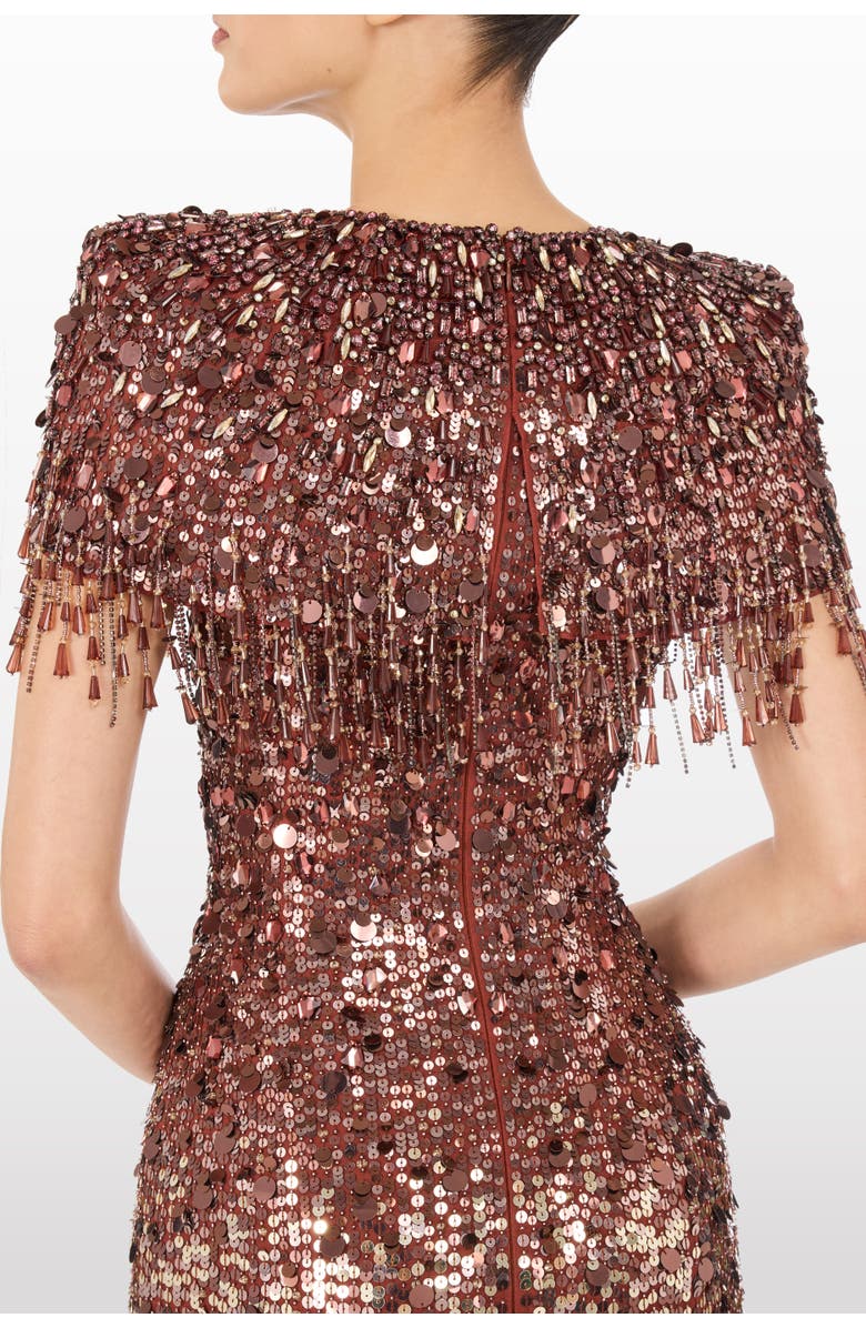 Jenny Packham Eugenie Sequin Fringed Maxi Dress, Alternate, color, Bronze