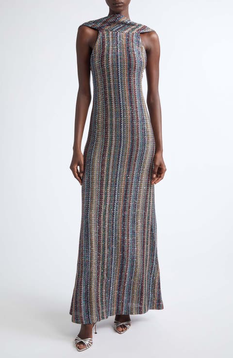Sequin Cowl Neck Knit Maxi Dress