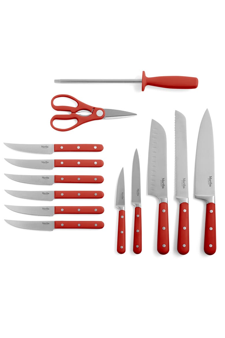 Eastwalk 14-Piece Forged Stainless Steel Knife Block Set with Acacia Wood Block, Alternate, color, Red