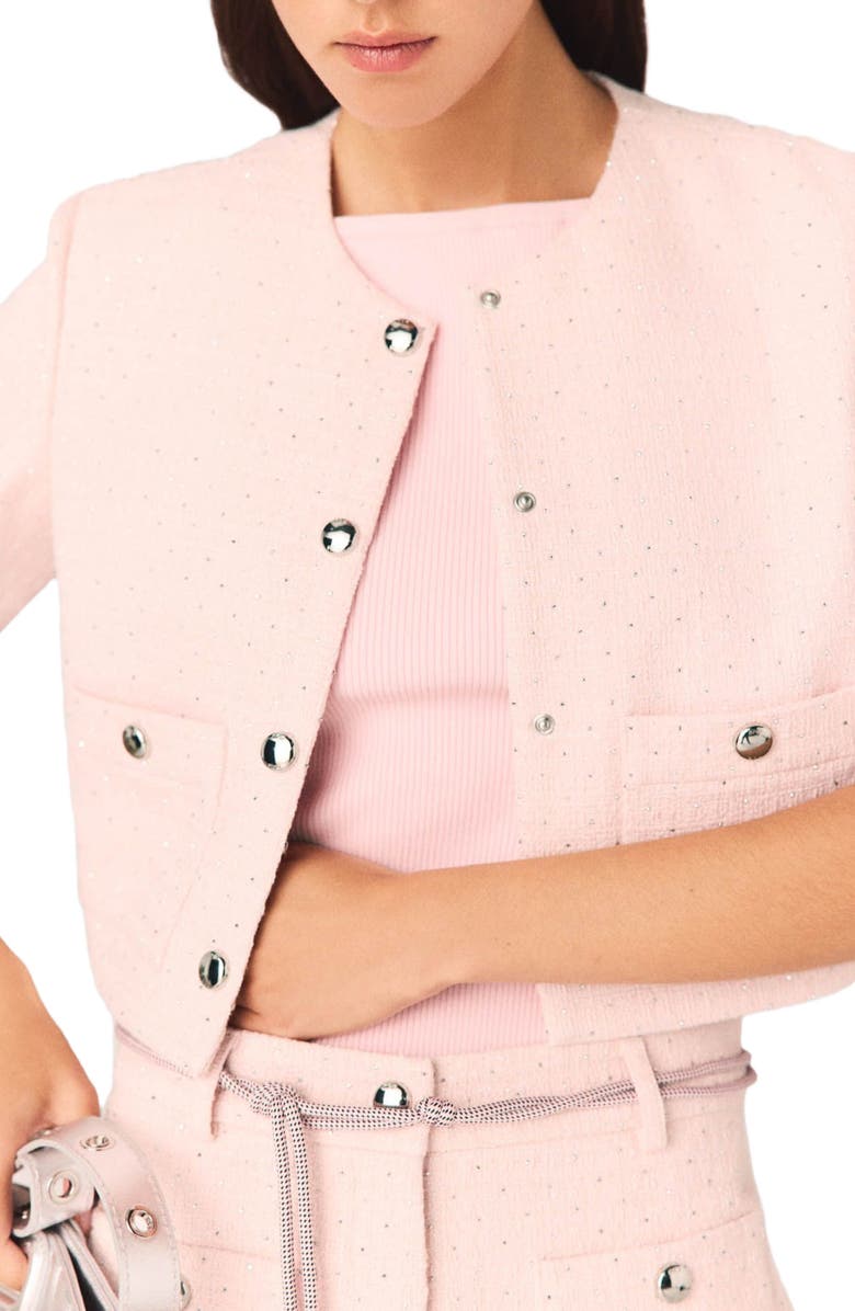 maje Short-sleeved tweed jacket, Alternate, color, Pink