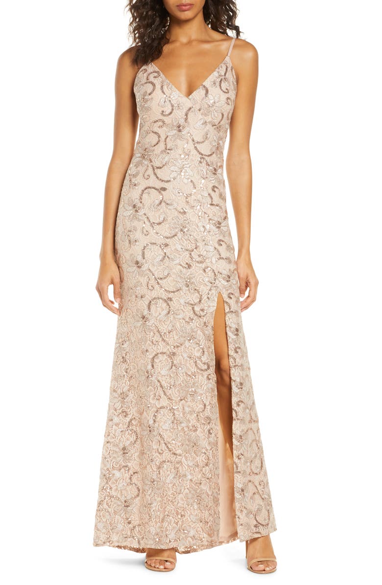 Vince Camuto Sequin Floral A-Line Gown, Main, color, 
