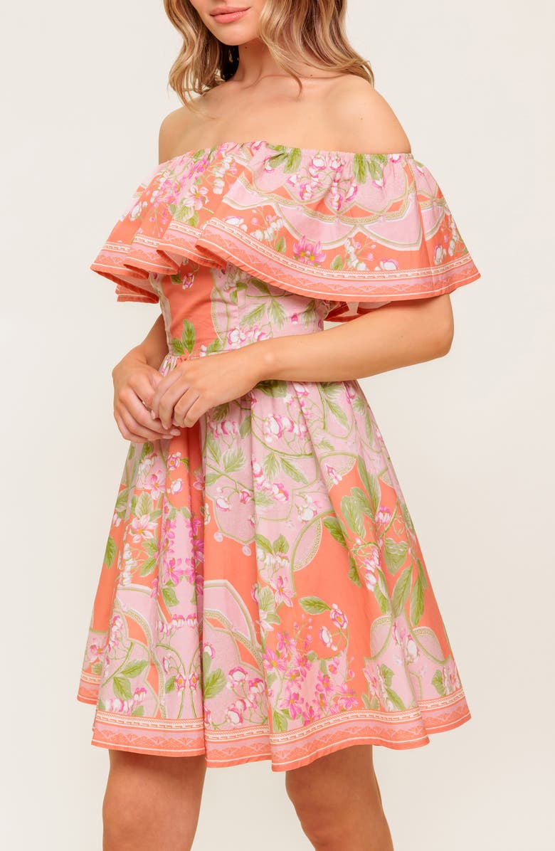 FLYING TOMATO Floral Off the Shoulder Cotton Minidress, Alternate, color, Coral