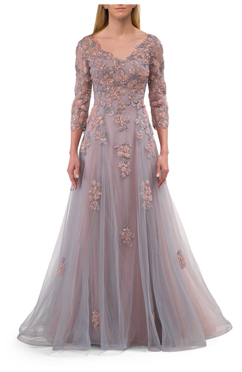 La Femme Two Tone Tulle A-line Dress with Beaded Lace Applique, Main, color, Pink/Silver