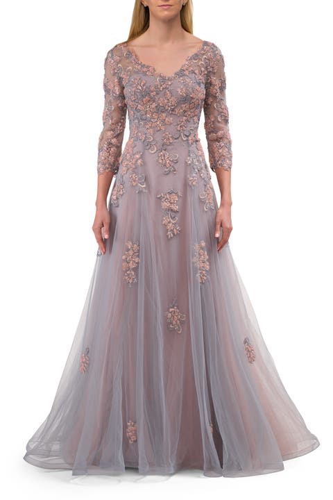 Two Tone Tulle A-line Dress with Beaded Lace Applique