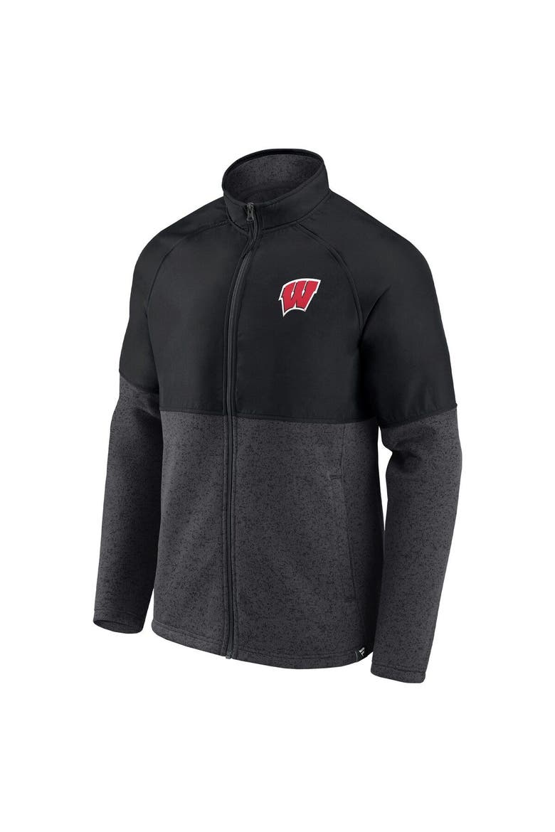Men's Fanatics Branded Black/Heathered Charcoal Wisconsin Badgers Durable Raglan Full-Zip Jacket, Alternate, color, Black