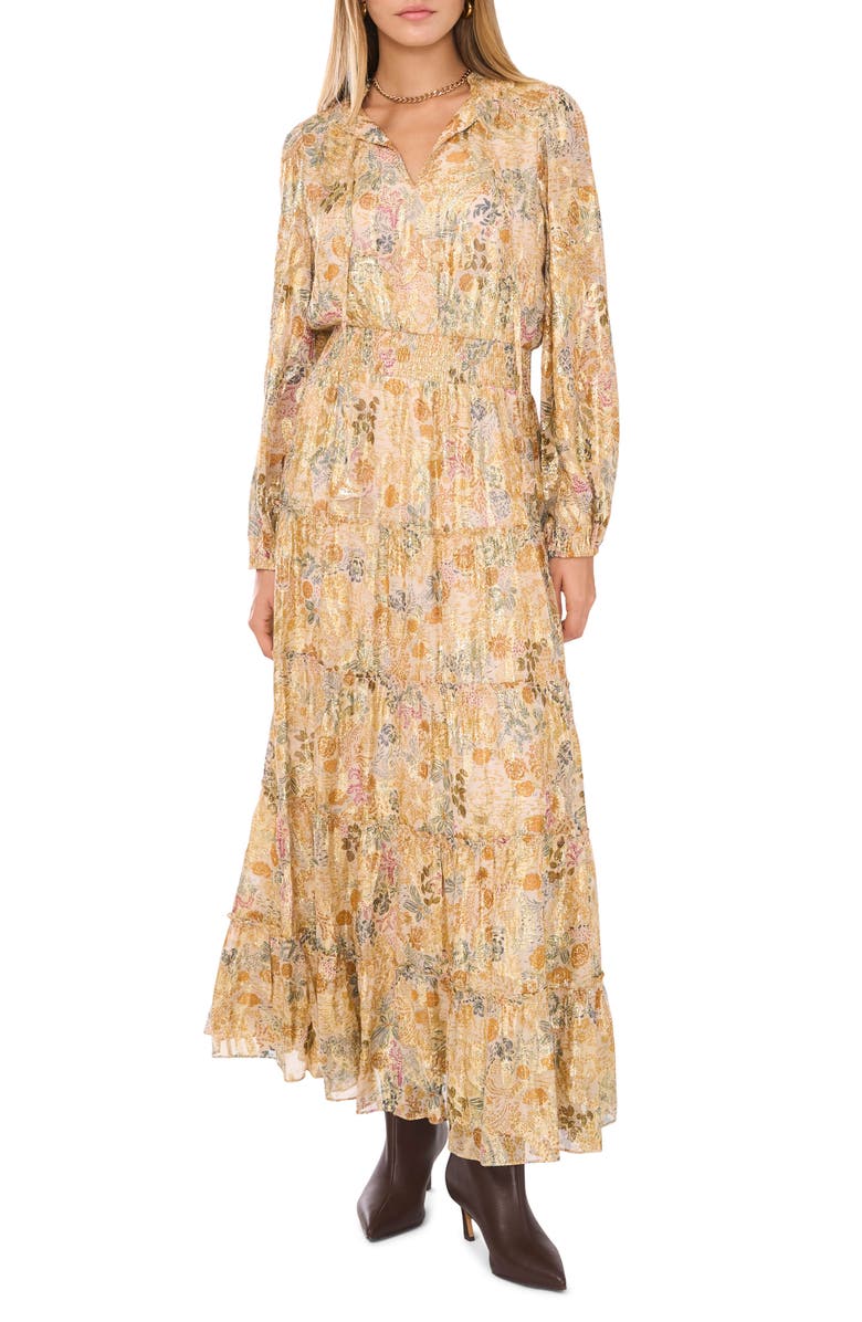 1.STATE Metallic Floral Tiered Long Sleeve Maxi Dress, Main, color, 