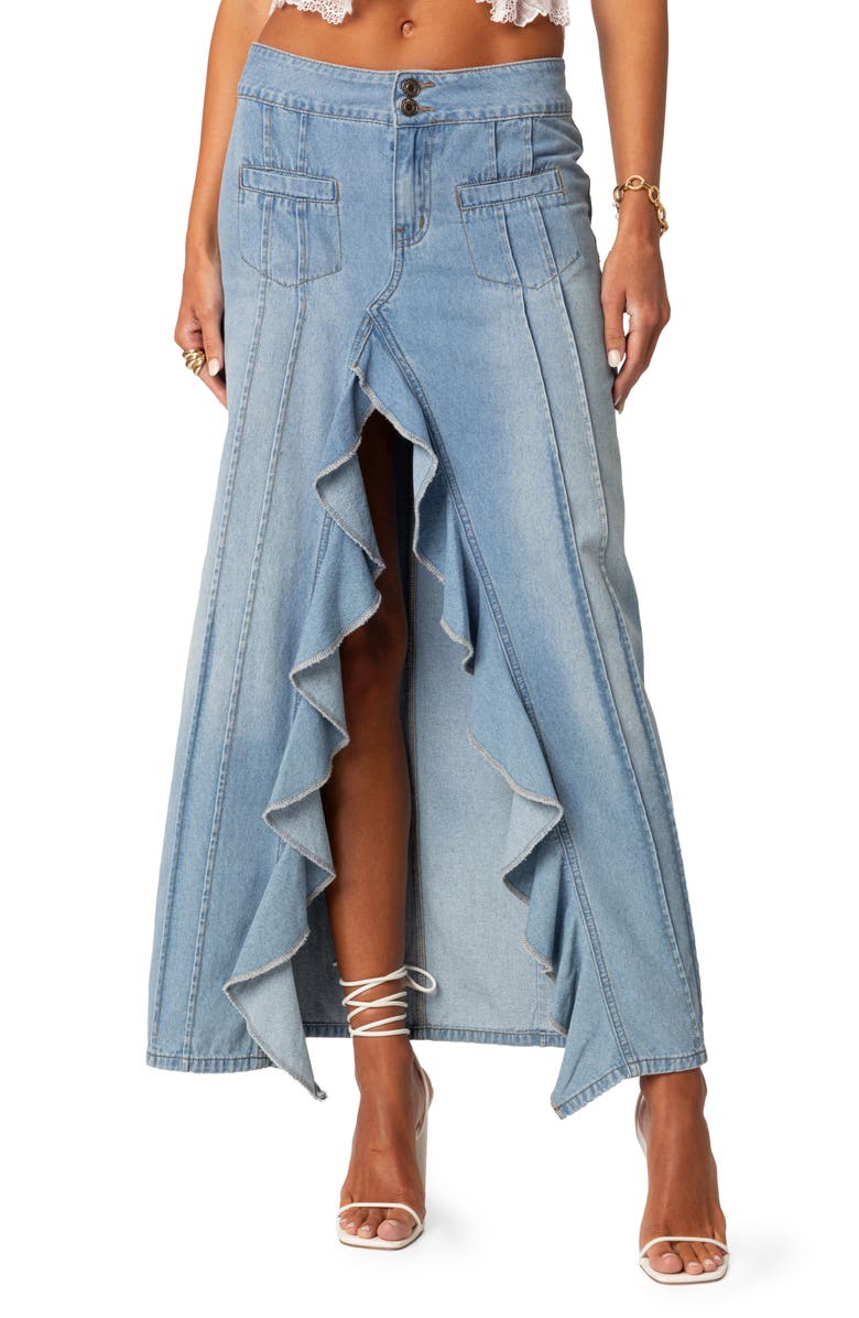 EDIKTED Valencia Ruffle Slit Front Denim Maxi Skirt, Main, color, Blue