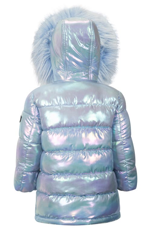 Sam Edelman Kids' Iridescent Faux Fur Hooded Puffer Jacket In Blue
