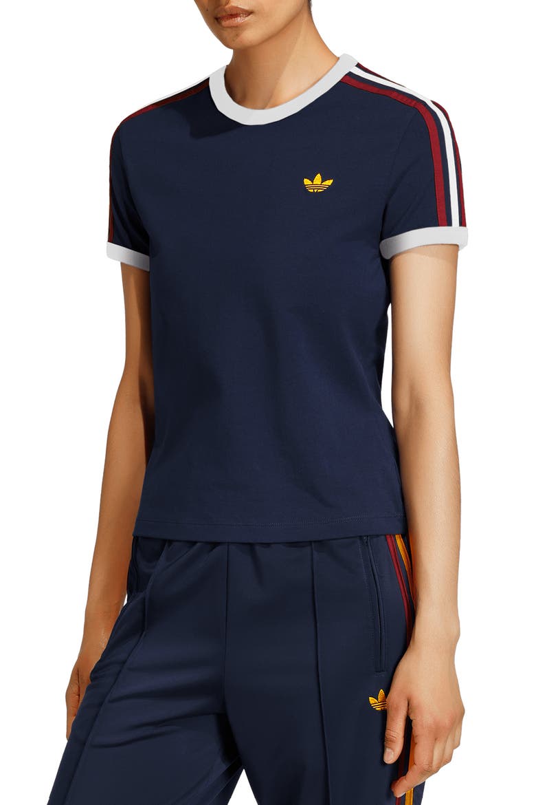 3-Stripes Slim Fit T-Shirt, Main, color, NIGHT INDIGO/ SCARLET/ WHITE