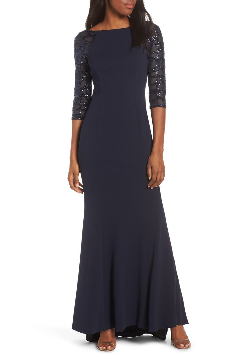 Sequin Crepe Trumpet Gown, Main, color, NAVY