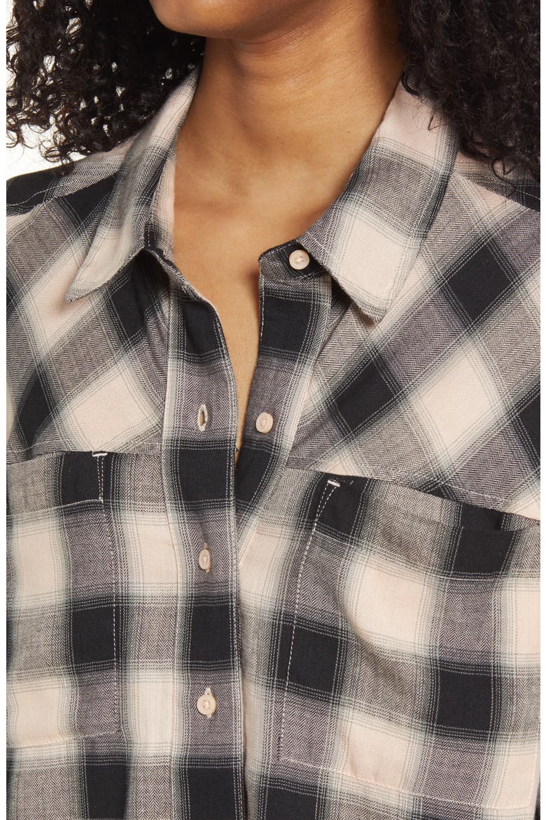 High/Low Plaid Button-Up Shirt, Alternate, color, PINK HERRINGBONE PLAID