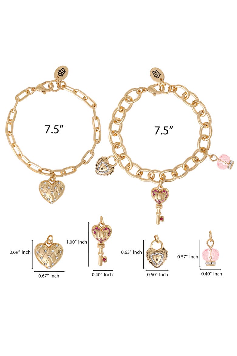 Charm Bracelet Set with Heart and Key Charms, 7.5'', Alternate, color, Gold Tone