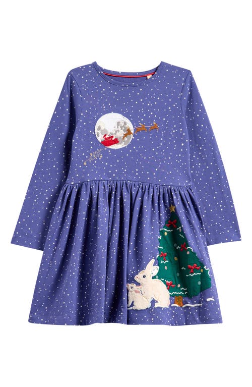 Mini Boden Kids' Christmas Appliqué Long Sleeve Cotton Jersey Dress in Soft Starboard Blue Christmas 