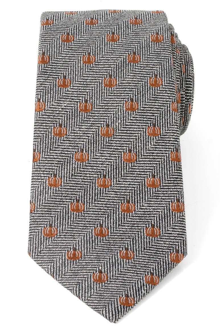 Holiday Pumpkin Silk & Linen Blend Herringbone Tie, Main, color, GRAY