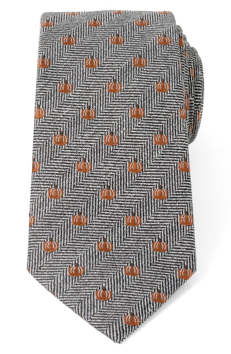 Cufflinks, Inc. Holiday Pumpkin Silk & Linen Blend Herringbone Tie, Main, color, Gray