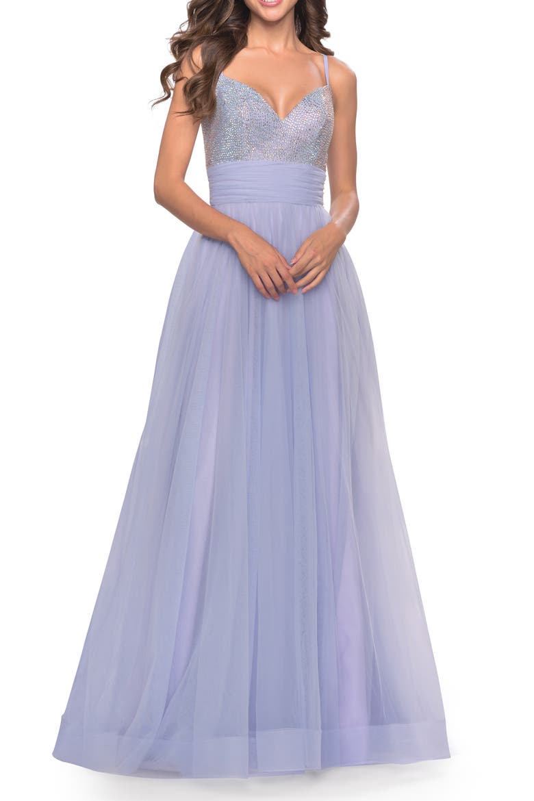 Tulle Gown with Full Skirt and Rhinestone Bodice in Bright Colors, Main, color, Light Periwinkle