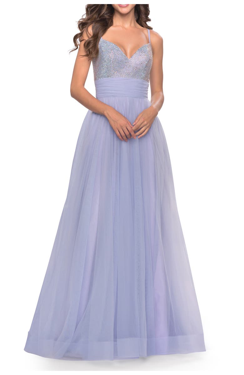 La Femme Tulle Gown with Full Skirt and Rhinestone Bodice in Bright Colors, Main, color, Light Periwinkle