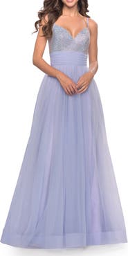 La Femme Tulle Gown with Full Skirt and Rhinestone Bodice in Bright Colors