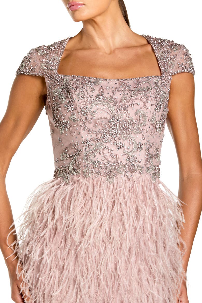 Embellished Cap Sleeve Feather Gown, Alternate, color, Mocha