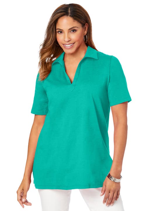 Jessica London Stretch Cotton Polo Tee In Green