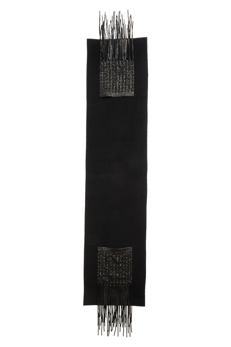 Wool & Cashmere Scarf with Macramé Leather Fringe, Main, color, BLACK