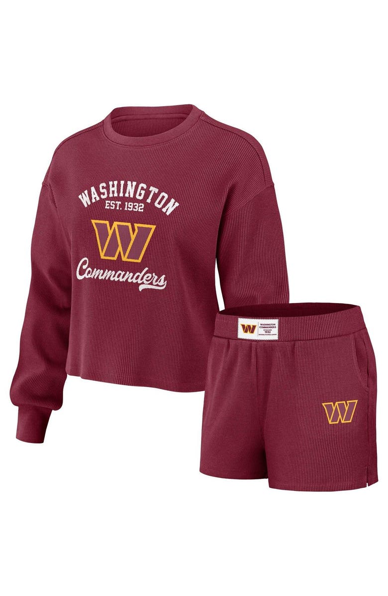 WEAR by Erin Andrews Women's WEAR by Erin Andrews Burgundy Washington Commanders Waffle Knit Long Sleeve T-Shirt & Shorts Lounge Set, Main, color,