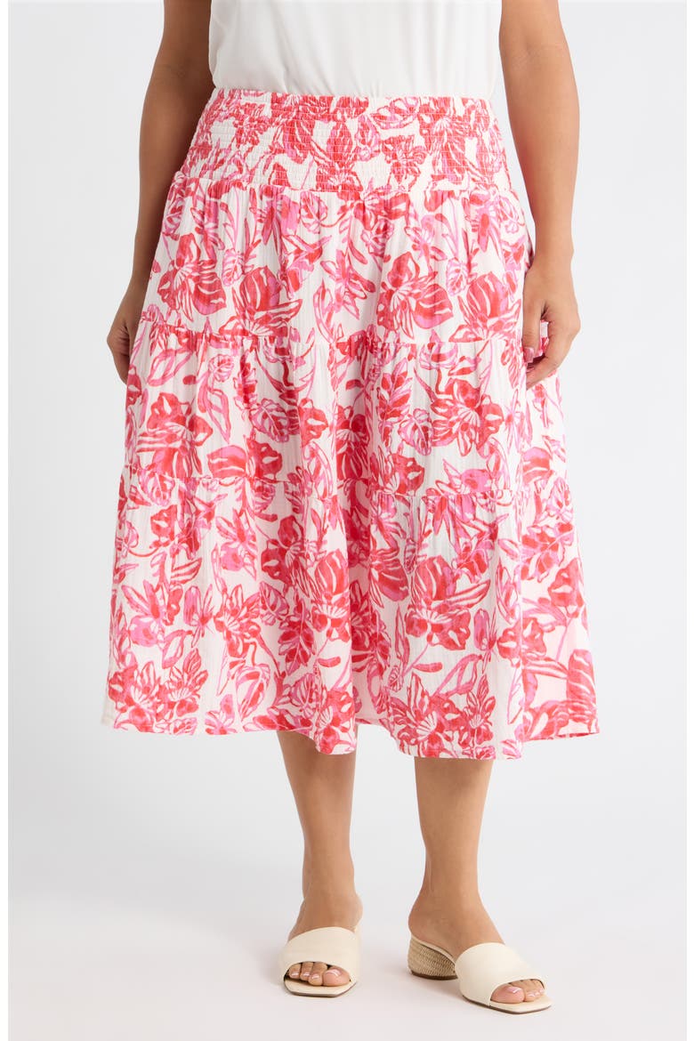 Tiered Cotton Gauze Midi Skirt, Main, color, IVORY/ RED PINK ELLIE BLOSSOM