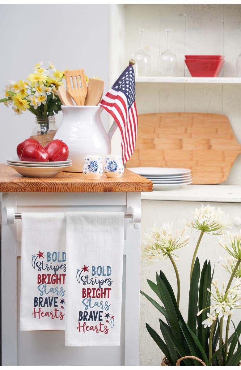C&F Home Bold Stripes Bright Stars Brave Hearts 4th of July Kitchen Towel, Alternate, color, White