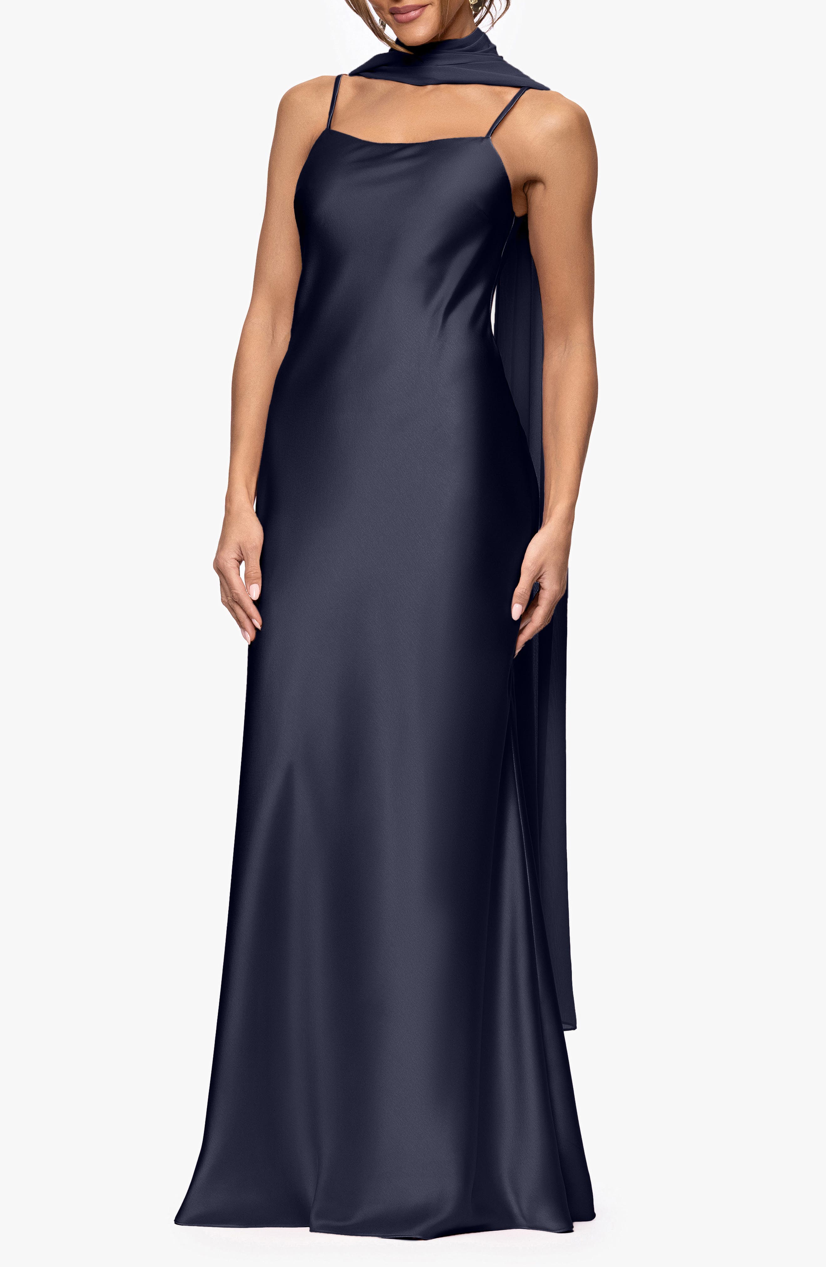 satin dress with chiffon overlay Satin Gown with Chiffon Overlay (Women)