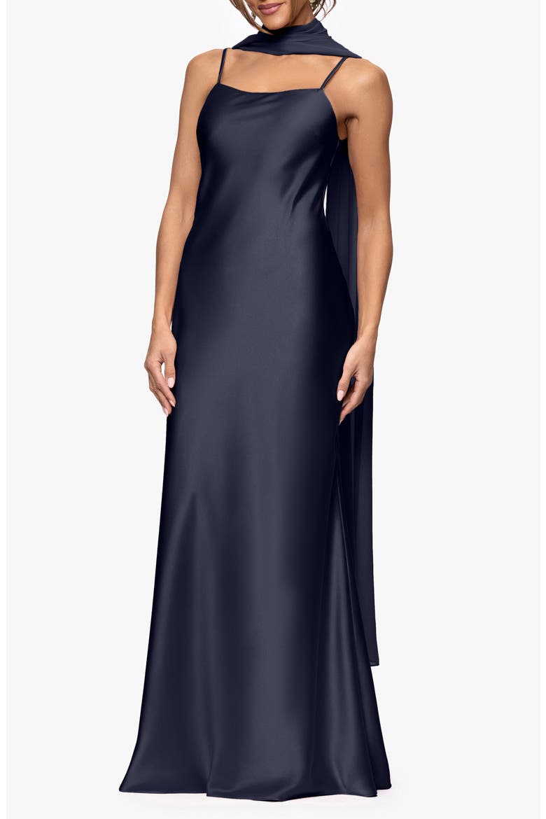 Satin Gown with Chiffon Overlay, Alternate, color, NAVY