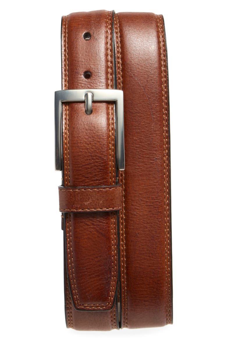 Double Stitch Leather Belt, Main, color, TAN