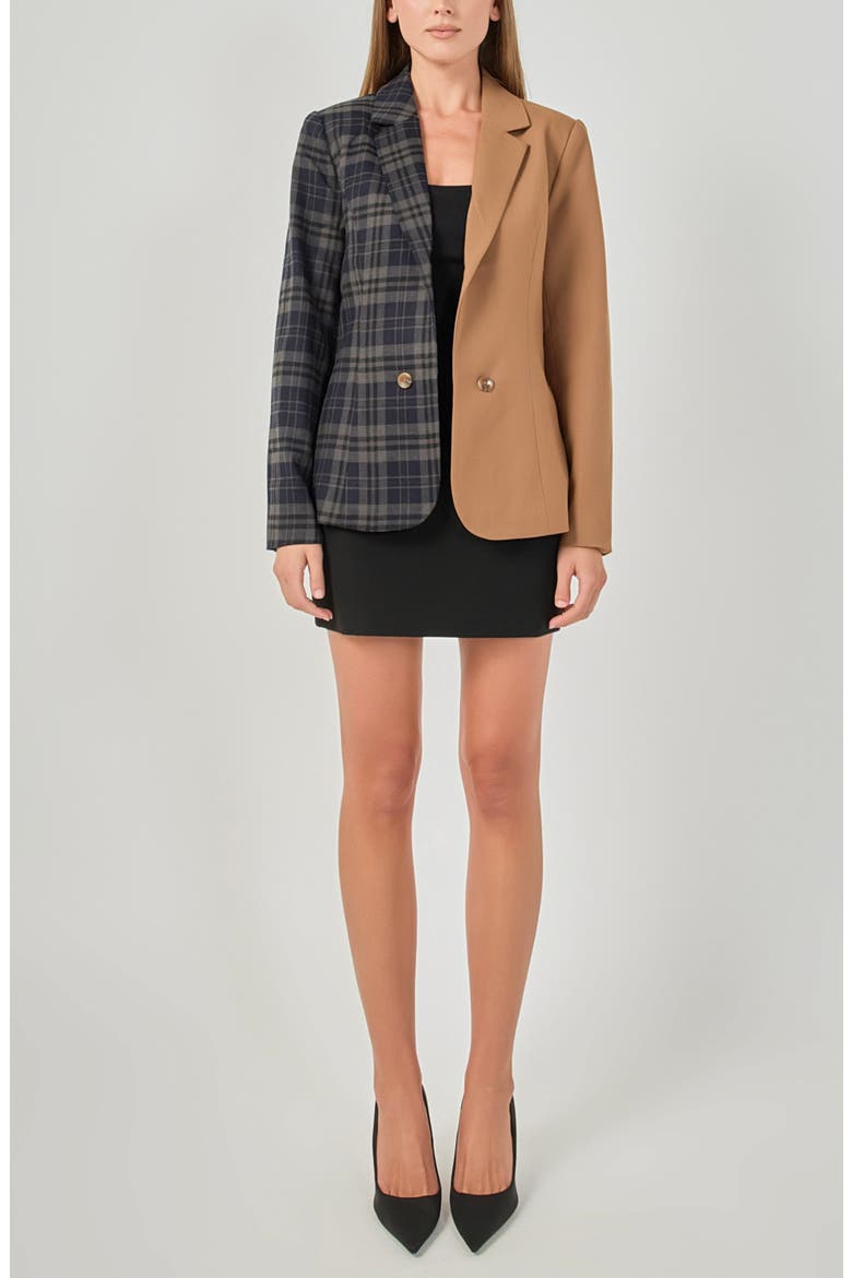 Two-Tone Plaid Blazer, Alternate, color, NAVY/ TAUPE