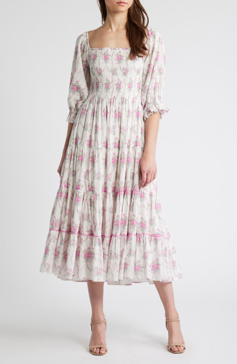 LoveShackFancy Rigby Floral Tiered Cotton Midi Dress, Main, color, 