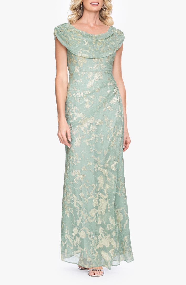 Betsy & Adam Metallic Jacquard Drape Neck Gown, Main, color, Sage/ Gold