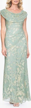 Betsy & Adam Metallic Jacquard Drape Neck Gown