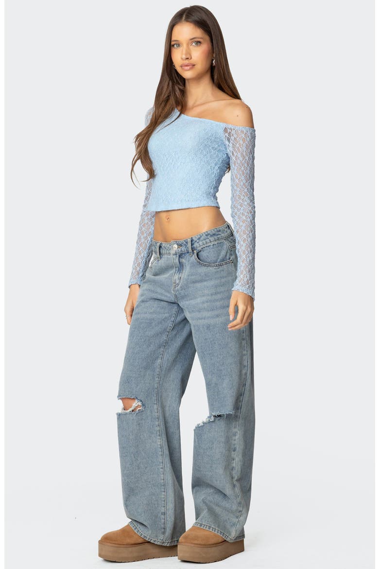 Fabia One-Shoulder Long Sleeve Lace Crop Top, Alternate, color, LIGHT-BLUE