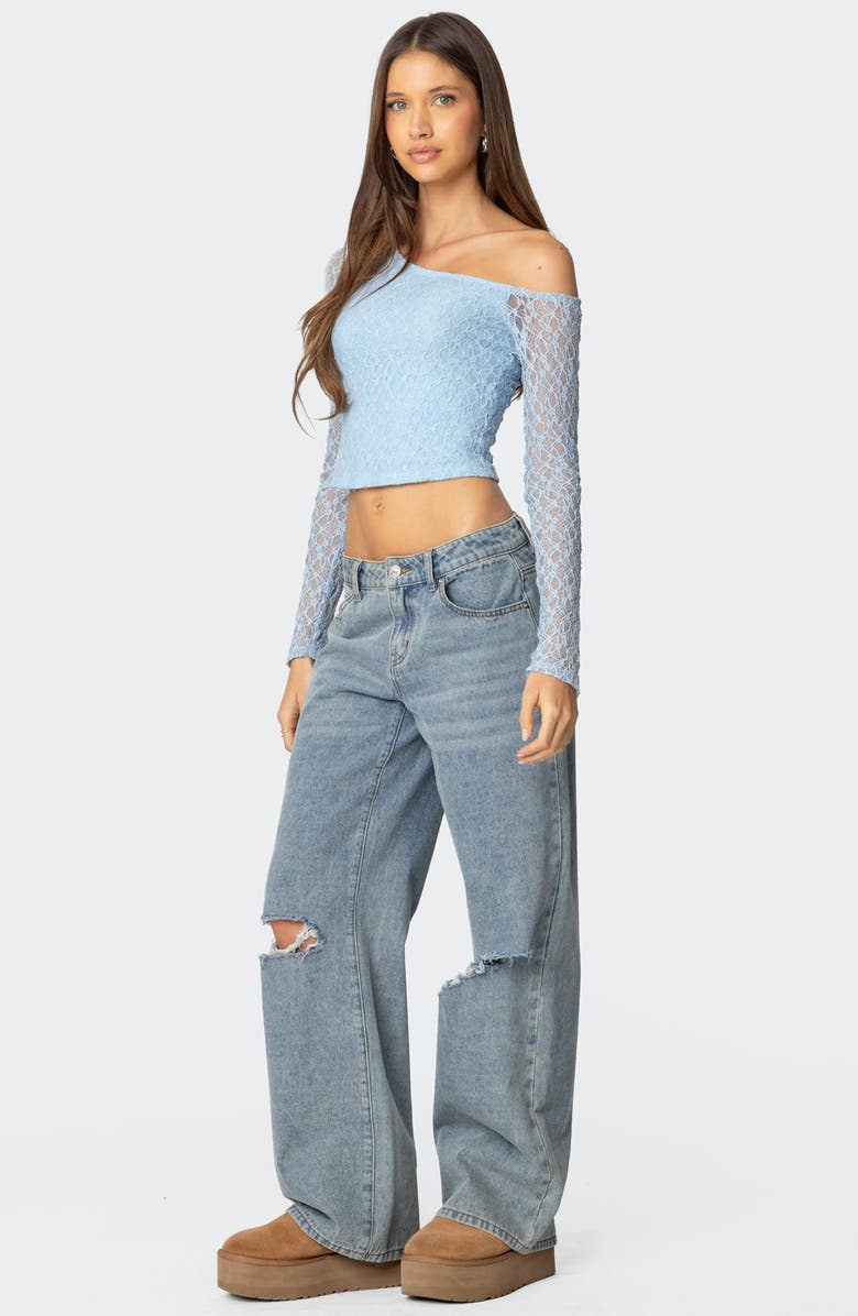 EDIKTED Fabia One-Shoulder Long Sleeve Lace Crop Top, Alternate, color, Light-Blue