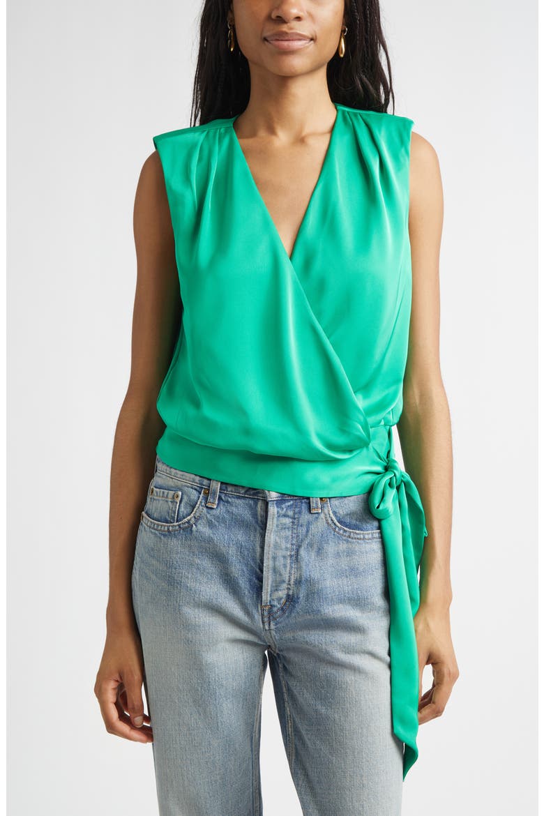 Salina Sleeveless Satin Wrap Top, Main, color, BRIGHT PALM