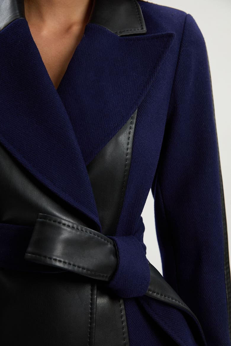 Wool Pu Mix Belted Midi Coat, Alternate, color, Navy