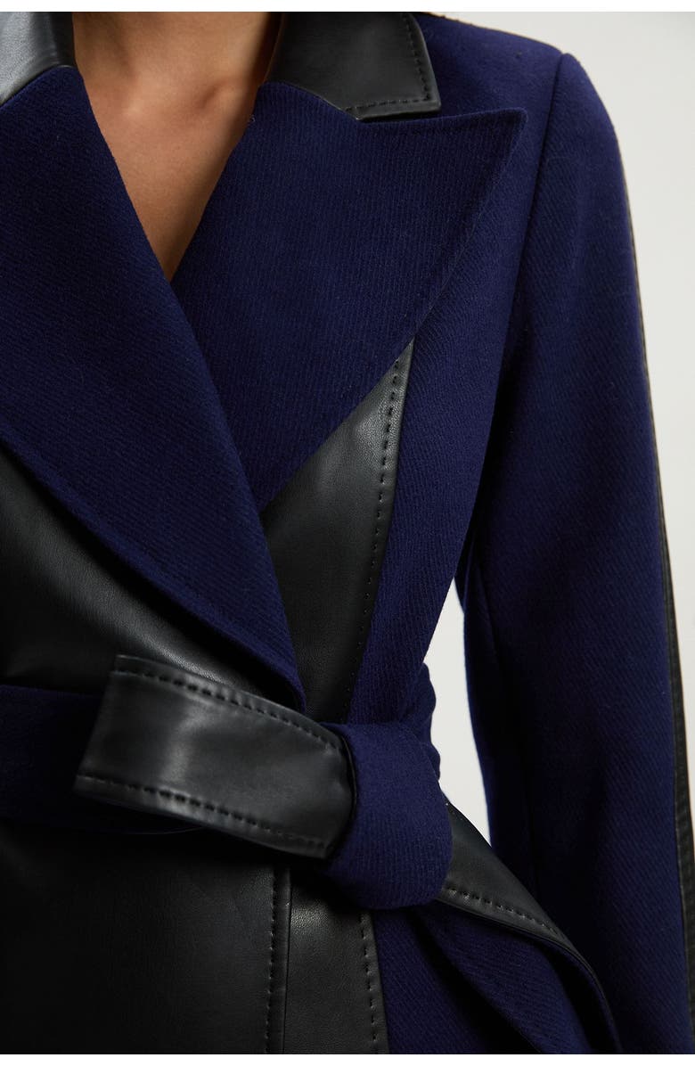 Karen Millen Wool Pu Mix Belted Midi Coat, Alternate, color, Navy