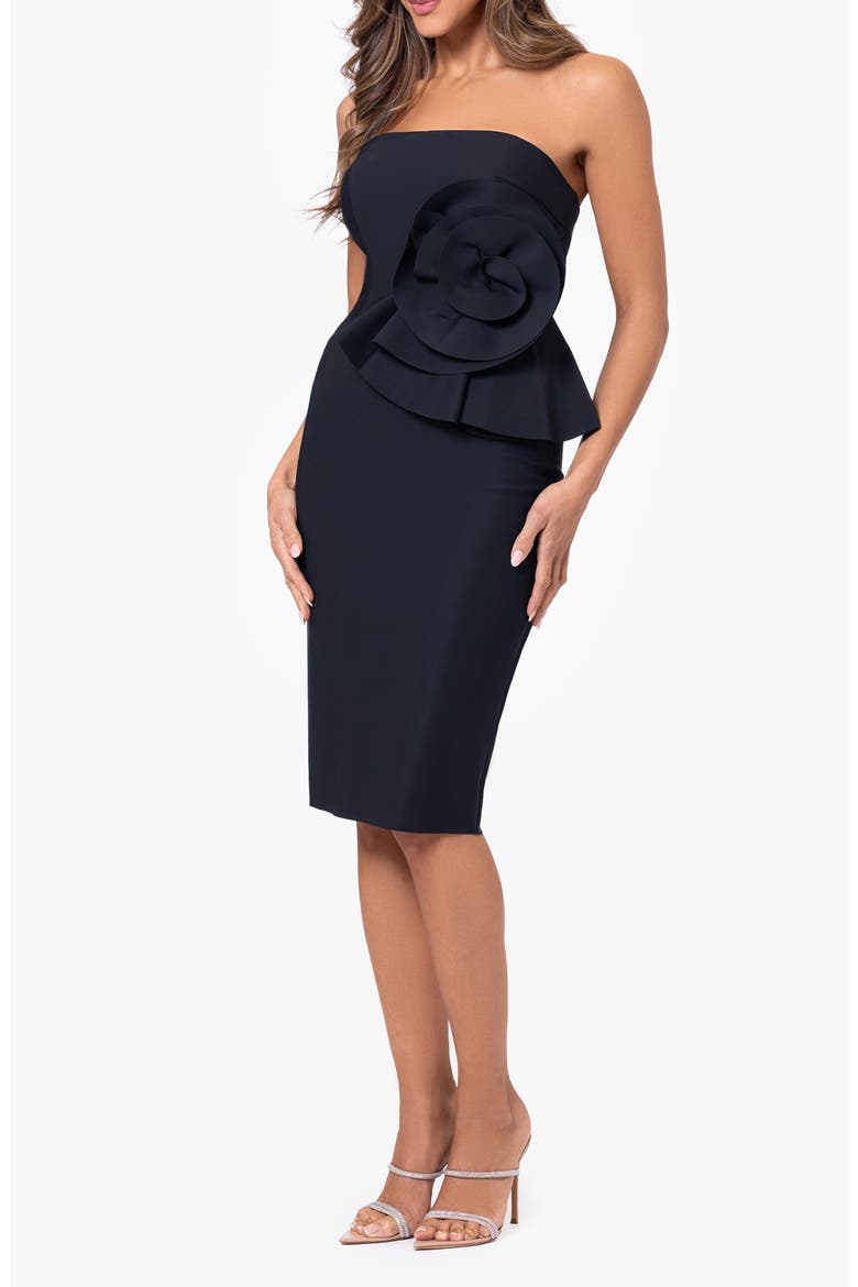 Flower Strapless Cocktail Dress, Alternate, color, BLACK