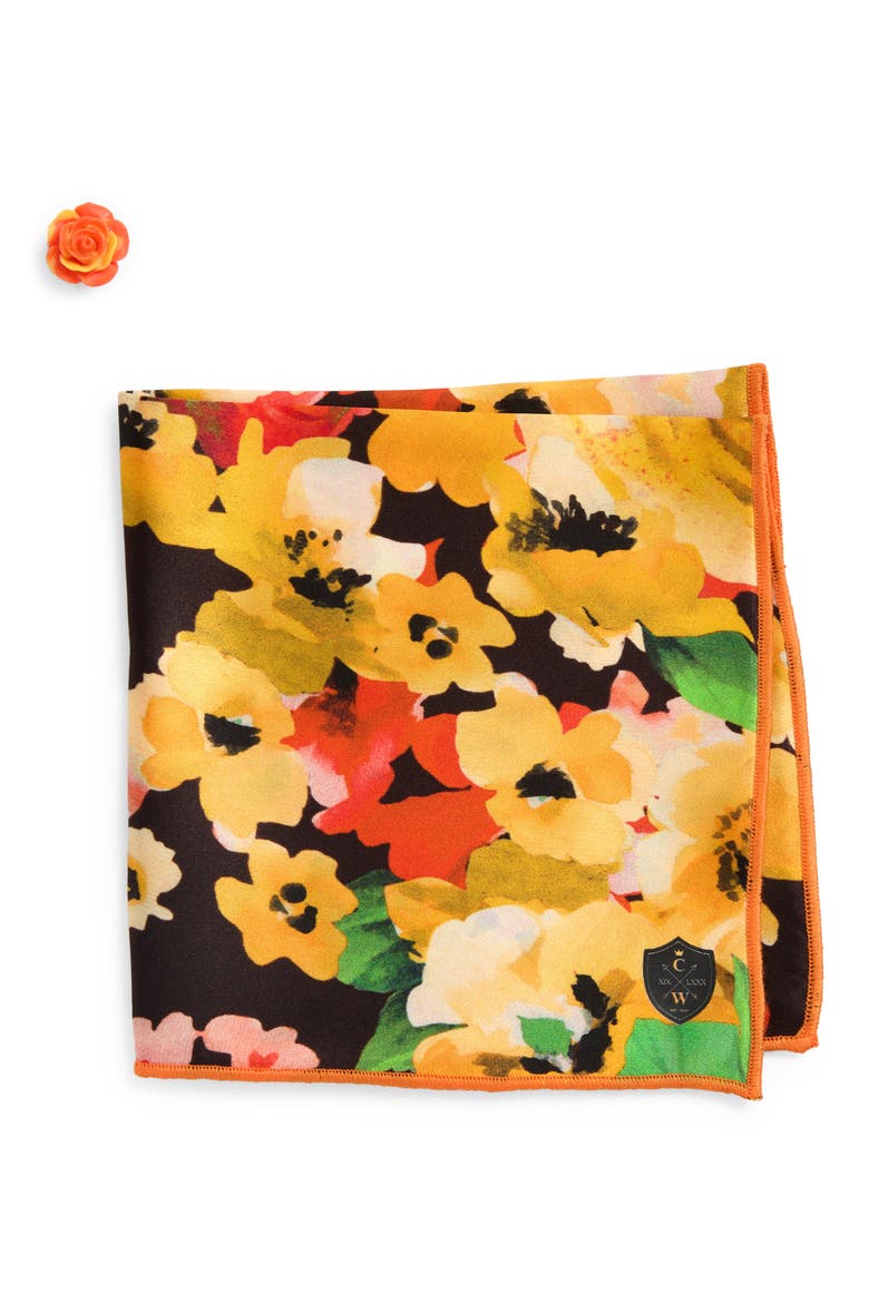 Yellow & Orange Floral Silk Pocket Square, Main, color, YELLOW