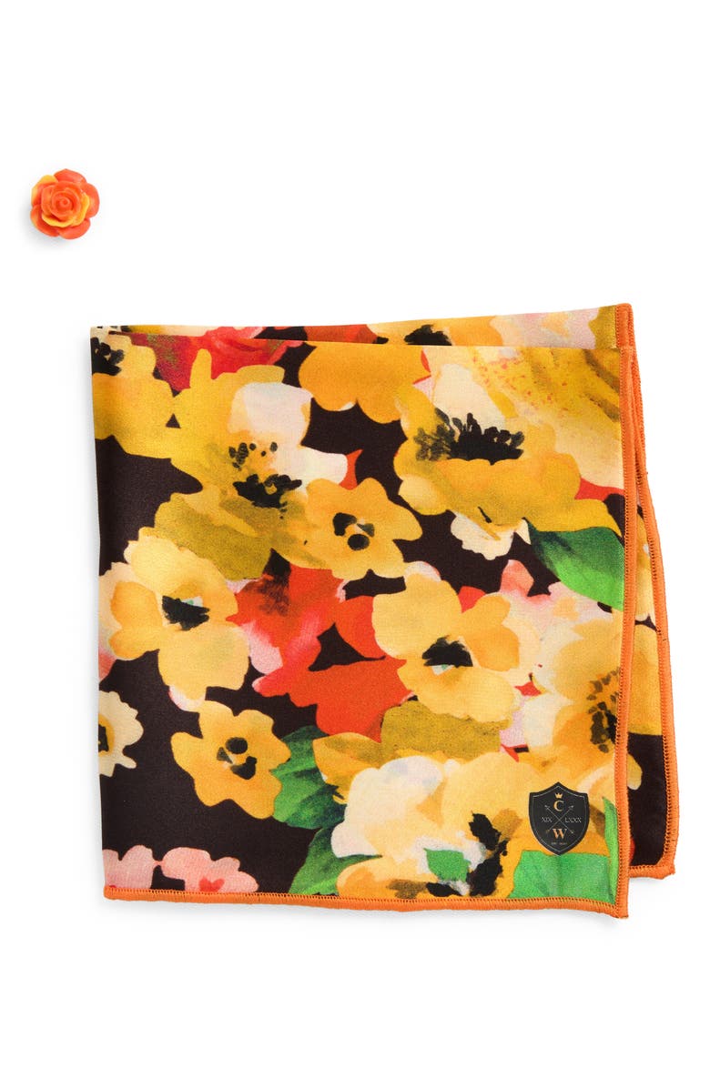 CLIFTON WILSON Yellow & Orange Floral Silk Pocket Square, Main, color, Yellow