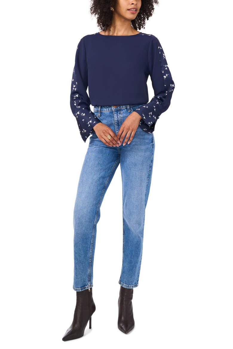 Floral Accent Flare Cuff Top, Alternate, color, CLASSIC NAVY
