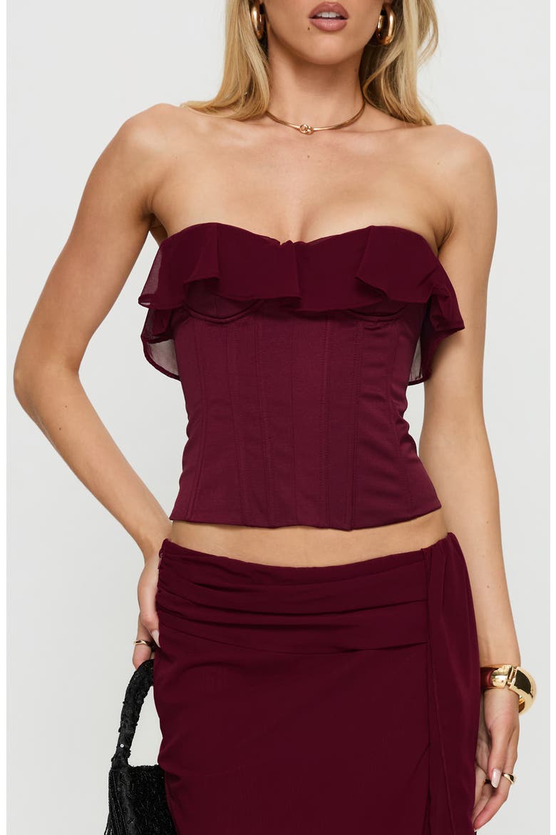 Holliann Ruffle Strapless Corset Top, Main, color, WINE